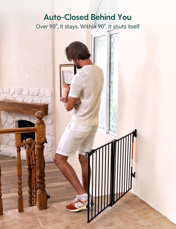 Babelio Baby Gate for Stairs, Kitchen & Doorways, No Bottom Bar| Easy Installation| One-Handed Operation| Auto-Close| Hardware Mount (Drill Needed) Safety Dog Gate (Black-B17, 29-49" W, 28" H)