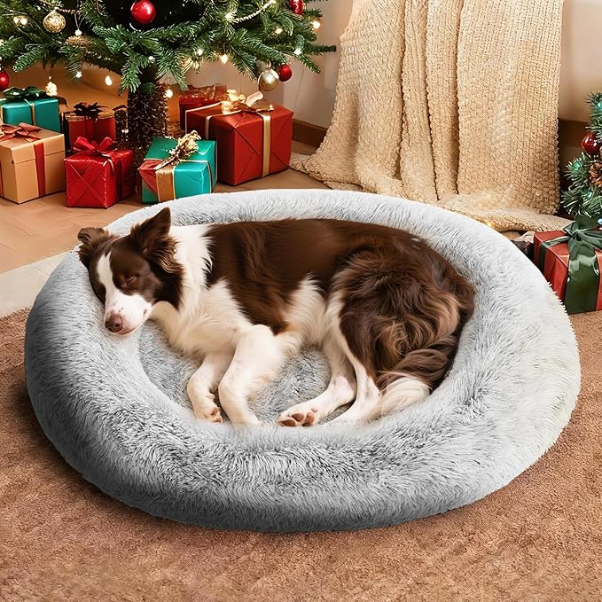 Orthopedic Calming Dog Bed for Large Dogs, Anti Anxiety Pet Beds with Supportive Foam, Removable Washable Oval Pets Couch, Fluffy Cuddle Bolster Cushion, Light Grey