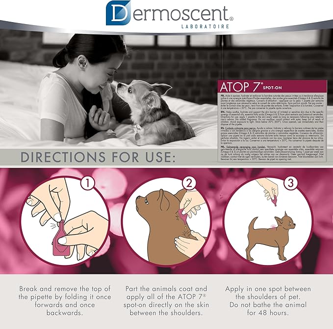 Dermoscent ATOP 7 spot-on - Dogs and Cats Up to 22lbs - Soothing Care for Sensitive, Dry and Itchy Skin or Allergy Prone Skin - Natural Ingredients - 4 pipettes
