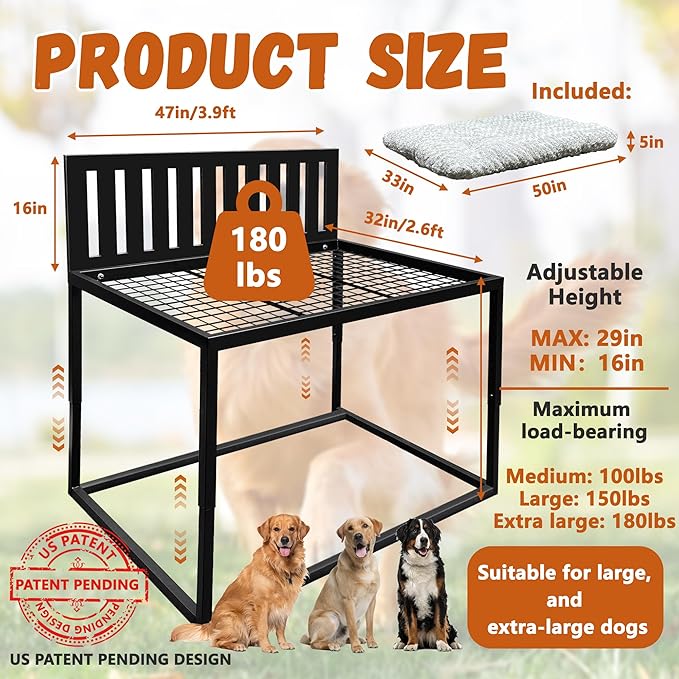 Beside Dog Bed,Adjustable Height Dog Bunk Beds,48''x 32'' Metal Dogs Bed Frame with Cushion,X-Large