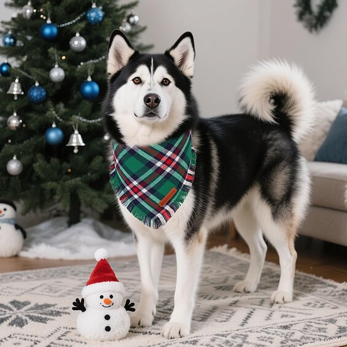 ADOGGYGO Christmas Dog Bandanas with Tassels, Festive Red Green Plaid Xmas Scarf Bib, Soft Cotton Fabric, Pet Christmas Bandanas for Extra Large Dogs (X-Large)