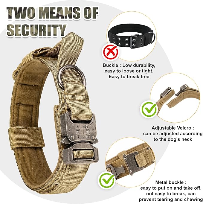 KCUCOP Tactical Dog Collar with Handle,Adjustable Military Dog Collar with Metal Buckle and Patches,Heavy Duty Dog Collars for Medium Dogs (Brown-M)