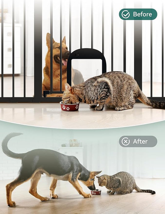 Babelio Upgraded Baby Gate with Cat Door, Auto Close Durable Dog Gate for Stairs, Doorways and House, Easy Walk Thru Safety Gate with Pet Door Includes 4 Wall Cups, 29-48" Wide, 30" Tall, Black