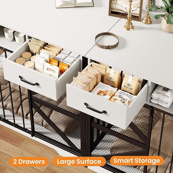44" Large Dog Crate Furniture, Wooden Heavy Duty Dog Kennel TV Stand with 2 Drawers, Indoor Multi-Functional Decorative XL Furniture for Medium & Large Breeds, White