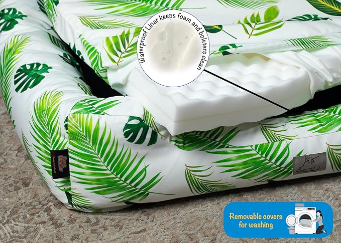 Furry's Paradise Foam Cuddler Pet Bed with Waterproof Liners, Reversible Cushion, Washable Cover, Recycled Fibers and Non-Slip Bottom. (in The Tropics, Orthopedic Small)