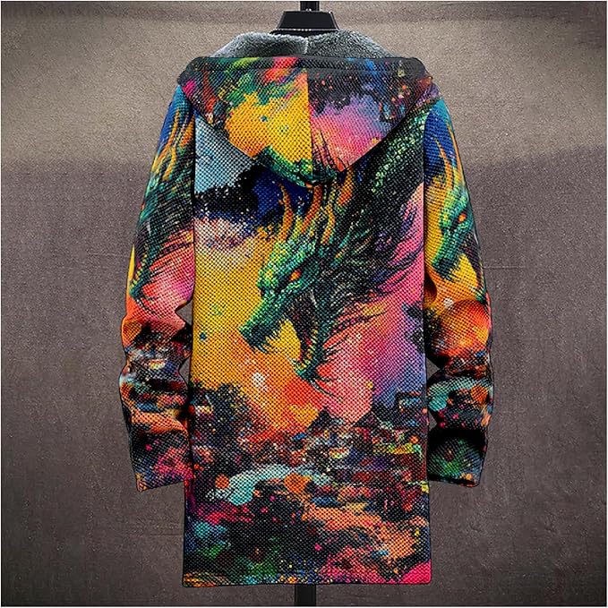 MARSVOVO Cool Hippie Long Cardigan Hoodies for Men Zipper Fleece Lined Knit Coat Skull Animal Print Graphic Jackets