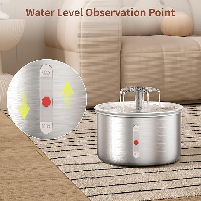 Stainless Steel Cat Water Fountain, 68oz/2.0L Cat Fountain with Flower Waterfall Spout Pet Water Fountain for Cats Indoor, Dog Water Fountain with Sponge
