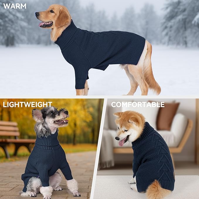 cyeollo 2XL Dog Sweater, Warm Stretchy Sweaters for Large Dogs Boy, Pullover Knitted Thermal Winter Big Dog Clothes with Sleeves, Turtleneck Pet Beagle Border Collie Apparel, Navy XXL