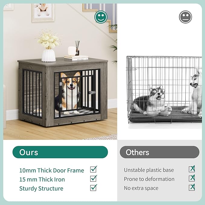 YITAHOME 32.5" L Dog Crate Furniture for Medium Dogs, 2-in-1 Iron-Wood Fusion Dog cage Indoor up to 40 lb, Side End Table, Modern Dogs Kennel with Waterproof Top, Safety Corners,Steel Lock,Grey