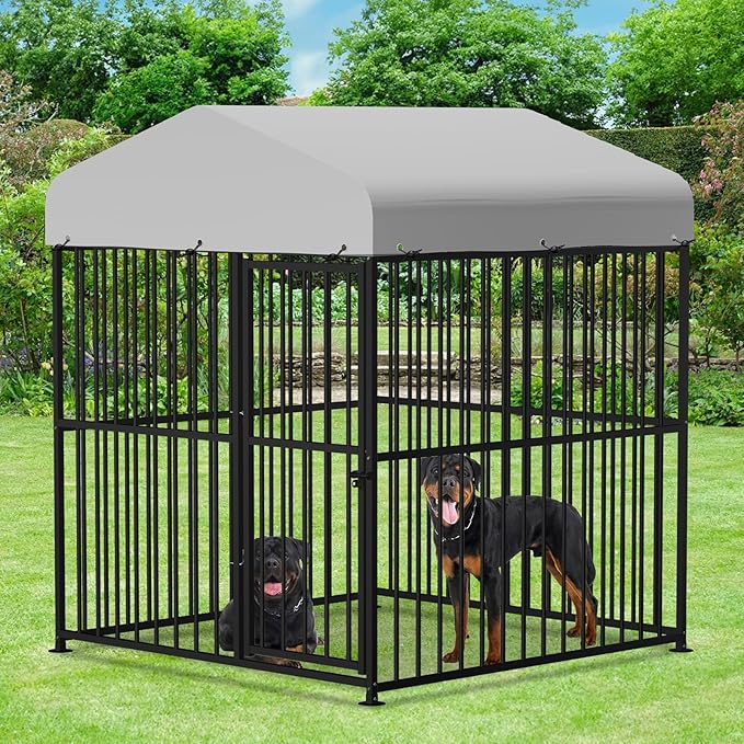 VIVIJASON 6 x 6 x 6 Ft Outdoor Dog Kennel, Heavy Duty Large Metal Frame Dog Cage with Thickened Bars, UV & Waterproof Cover, Outside Pen Playpen Dog Run House for Large to Small Dogs
