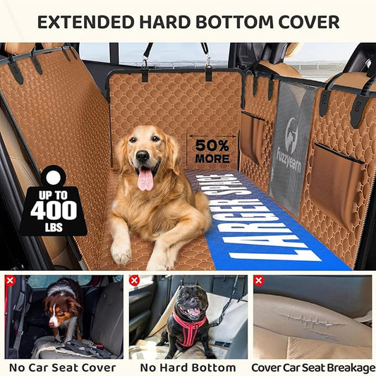 Back Seat Extender for Dogs,Leather Dog Car Seat Cover for Back Seat Hard Bottom Holds 400lbs,100% Waterproof Dog Car Hammock, Sturdy Pet Seat Protector for Car, SUV,Small Truck(Brown)