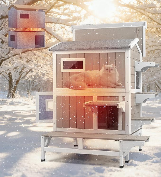2 Story Insulated Outdoor Cat House Weatherproof Feral Cat Shelter for Winter Outside Cat Houses for 2-3 Cats Indoor Pets Condo with Waterproof Roof & Escape Door, 6.3" Raised Base & Balcony