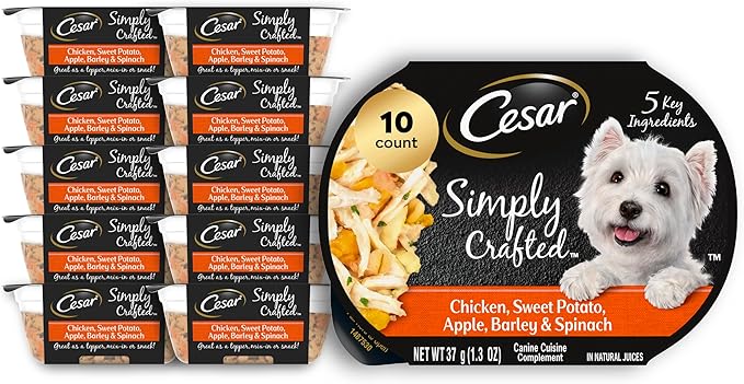 Cesar Simply Crafted Adult Wet Dog Food Meal Topper, Chicken, Sweet Potato, Apple, Barley & Spinach, 1.3 oz., 10 Count (Pack of 1)
