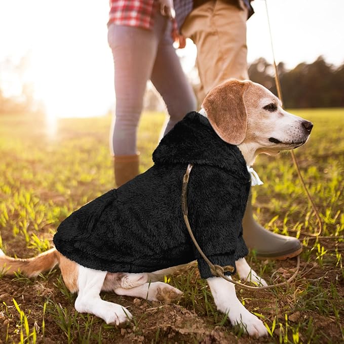 Dog Sweater,Dog Hoodies,Warm Fuzzy Fleece Sweatshirt with Hood & Pocket,Leash Hole,Cozy Cold Weather Pet Clothes Pet Sweater for Small,Medium,and Large Dogs(Black,L)