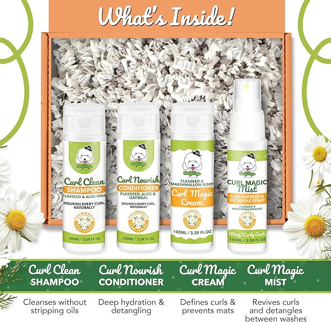 Curly Dog Grooming Kit – Travel-Size Shampoo, Conditioner, Curl Cream & Curl Refresh Detangler Spray, for Doodle, Poodle & Curly Coats, TSA-Friendly Gift Bundle (Chamomile)