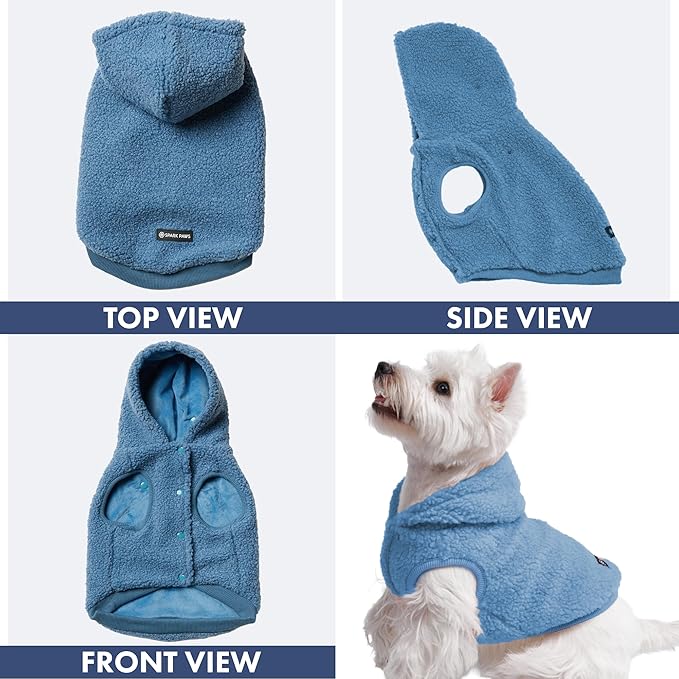 Spark Paws Fleece Dog Jacket, Hooded Sweater Vest, Warm Coat for Winter - Suitable for Small Medium Large XL XXL Breeds - Blue - L