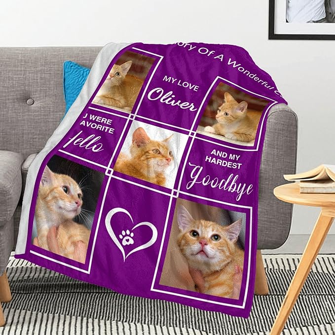 Custom Blanket with Picture, Personalized Pet Memorial Blanket in Memory of Cats, Loss of Pet Sympathy Gift