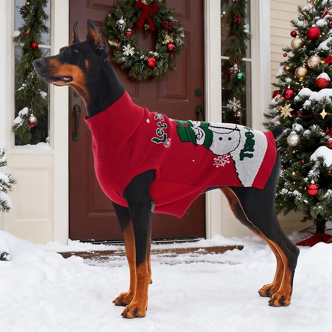 IECOii XL Christmas Dog Sweater for Large Dogs Girl Boy, Xmas Dog Turtleneck with Leash Hole, Sleeveless Easy On Knitted Sweater Holiday Snowman Snowflake Pattern for Christmas Family Photo, Red,XL