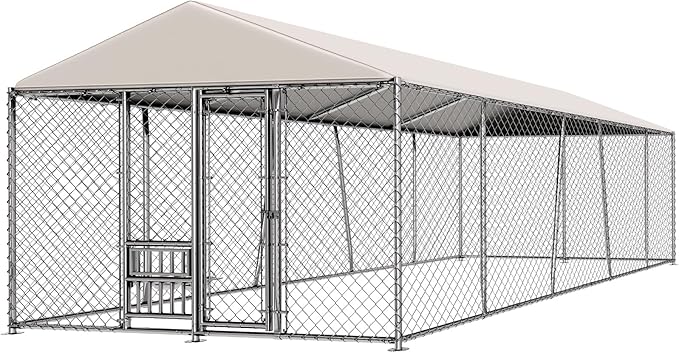 Lyromix 10 x 20FT Large Outdoor Dog Kennel with Bowls, Dog Kennel Outside with Waterproof Cover Roof, Galvanized Heavy Duty Chain Link Dog Runs Cage Playpen for Outside with Secure Lock