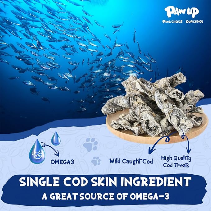 PAWUP Cod Fish Skin Braids Dog Treats Natural Dried Dog Snacks Sticks, High Omega-3 Single Ingredient Cod Skin Chews w/Taurine, 7 oz