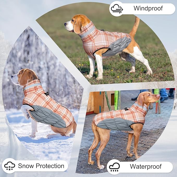BEAUTYZOO Dog Winter Coat with Harness Built in, Reflective Plaid Puffer Vest Waterproof for Medium Dogs, Fleece Warm Puppy Zipped Jacket with D Ring, Pet Cold Weather Sweater Clothes, Brown M