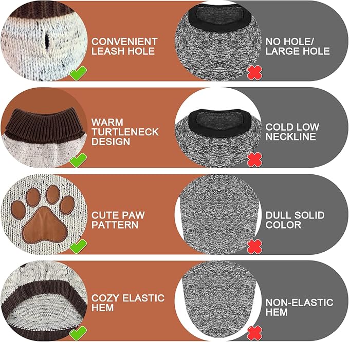 BINGPET Turtle Neck Dog Sweater - Brown Bone Pattern - Puppy Winter Warm Cloth for Small Medium Large Dogs