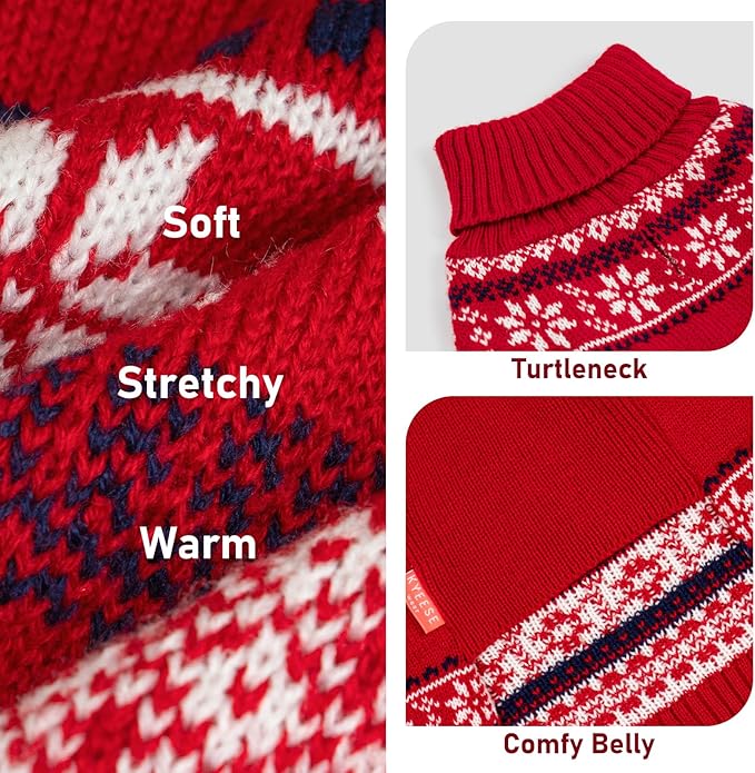 KYEESE Dog Christmas Sweater, Soft and Stretchy Turtleneck Dog Sweater for Medium Dogs Boy Girl with Reindeer Pattern, Soft Knit Winter Outfit with Leash Hole, Warm Pet Clothes, XX-Large
