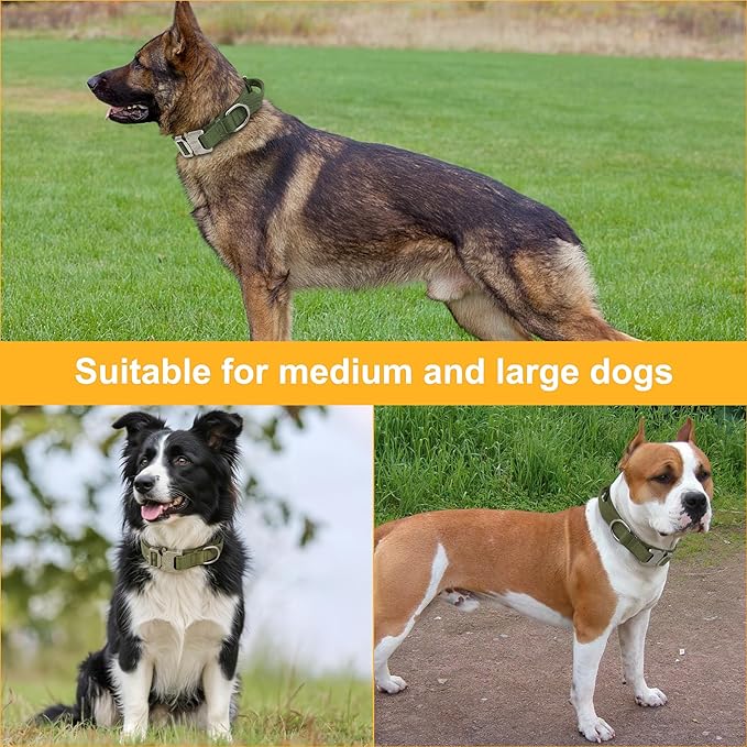 KCUCOP Tactical Dog Collar with Handle,Adjustable Military Dog Collar with Metal Buckle and Patches,Heavy Duty Dog Collars for Medium Dogs (Militarygreen-M)