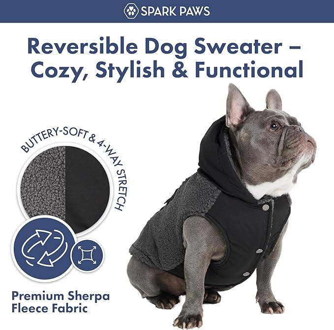 Spark Paws Reversible Fleece Dog Jacket, Hooded Sweater Vest, Warm Coat for Winter - Suitable for Small Medium Large XL XXL Dogs - Black and Grey - L