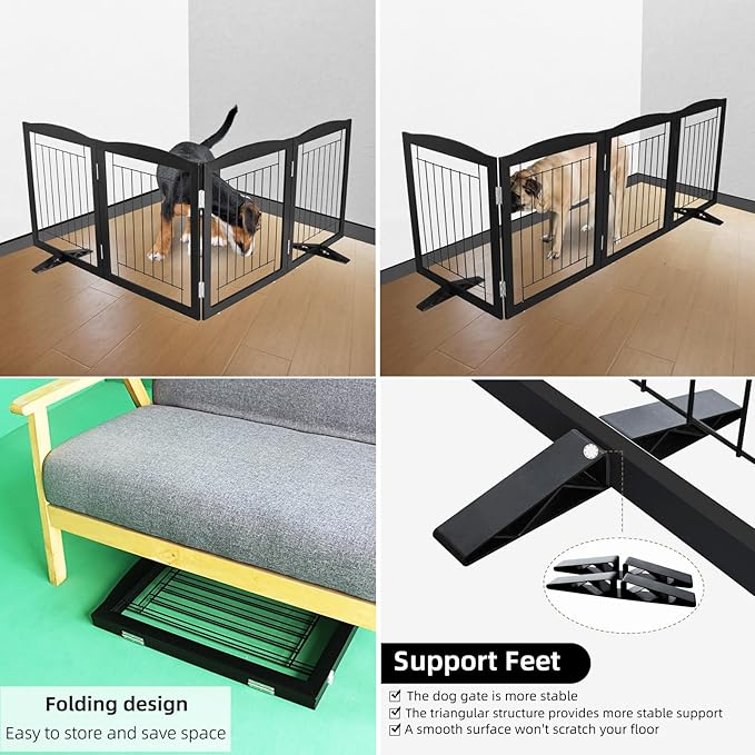 ZJSF Freestanding Dog Fence Indoor, Foldable Dog Gate for Doorways, Stairs or Hallways, Sturdy Wood Extra Wide Pet Gate with Support Feet for The House, Black, 24 "Height-4 Panels