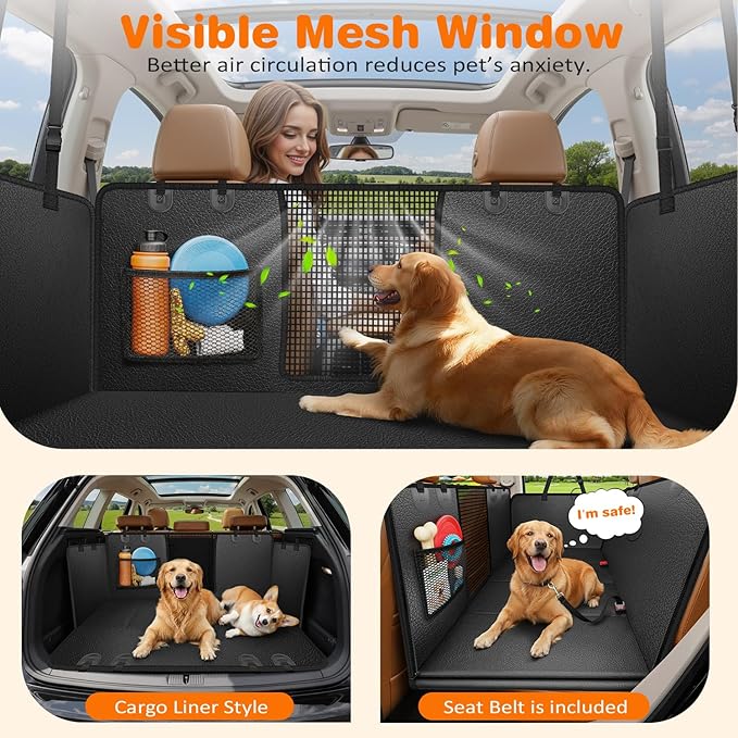 URPOWER PU Leather Backseat Extender for Dogs, Hard Bottom Dog Car Seat Cover for Back Seat, Waterproof Dog Car Hammock Anti-Scratch Pet Rear Seat Protector Travel Bed for Car, SUV, and Small Truck