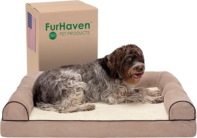Furhaven Memory Foam Dog Bed for Large Dogs w/ Removable Bolsters & Washable Cover, For Dogs Up to 95 lbs - Sherpa & Chenille Sofa - Cream, Jumbo/XL