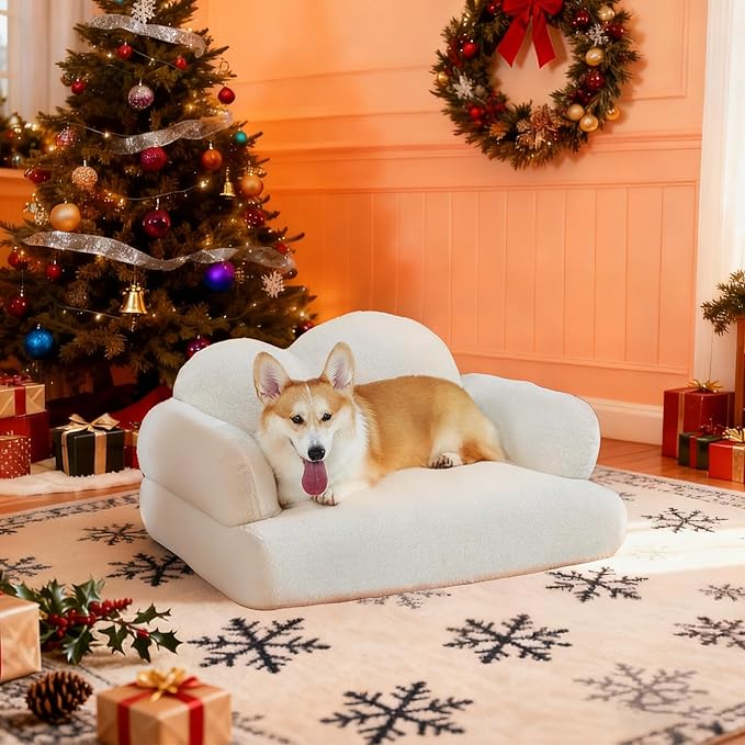 Lovupet Dog Sofa Couch for Medium Breed, Soft Full Foam Dog Couch Bed with Anti-Slip Bottom, PS695 (White)