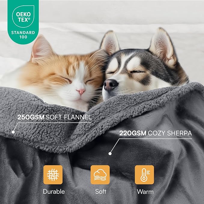 Waterproof Pet Blanket, Liquid Pee Proof Dog Blanket for Sofa Bed Couch, Reversible Sherpa Fleece Furniture Protector Cover for Small Medium Large Dogs Cats, Dark Gray Medium（57" x 40"）
