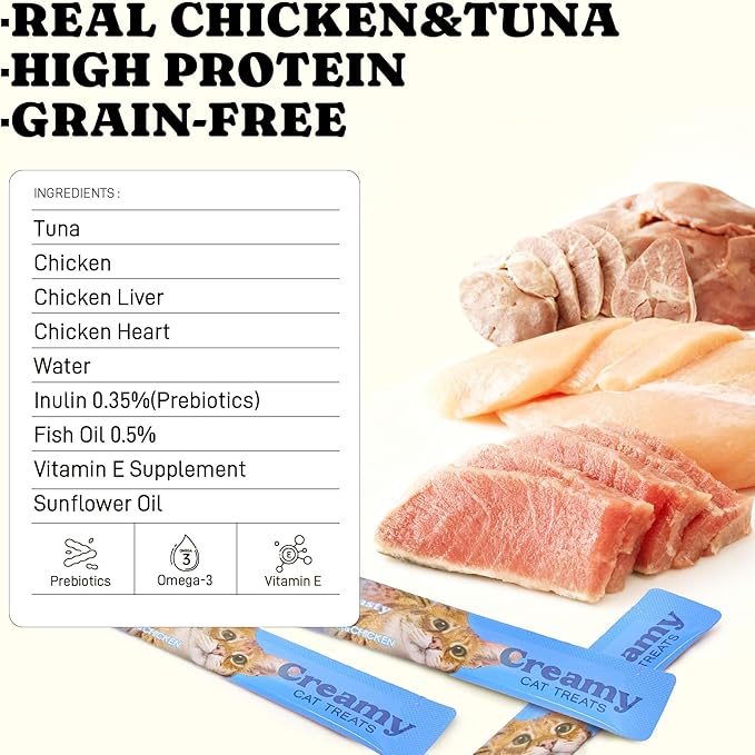 PETASTY Lickable Cat Treats, High Moisture Hydrating Creamy Puree Squeeze Tubes, Tuna & Chicken, 20 Tubes 0.5oz, Grain-Free, Omega Oils & Vitamin E, Skin&Coat Health, Digestive and Immune Support