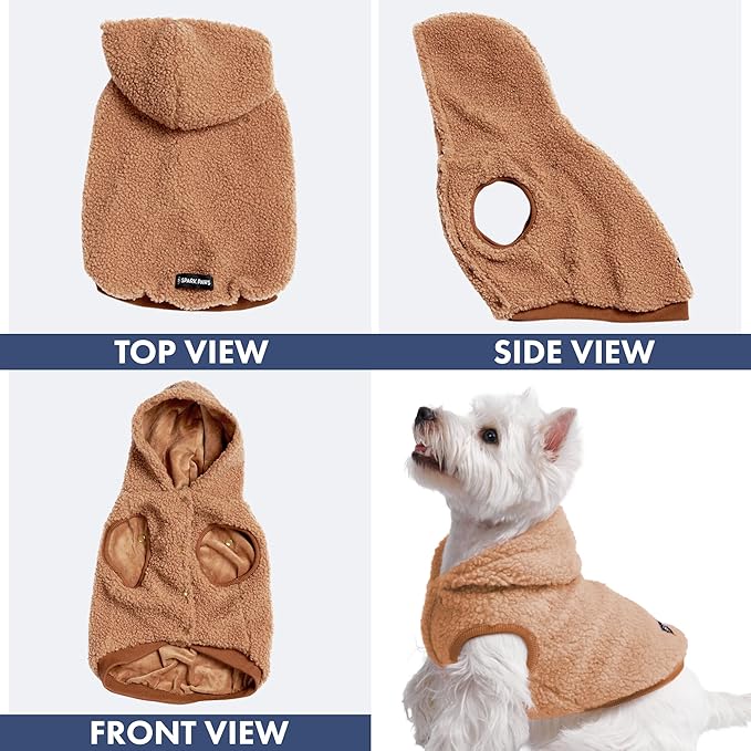 Spark Paws Fleece Dog Jacket, Hooded Sweater Vest, Warm Coat for Winter - Suitable for Small Medium Large XL XXL Breeds - Brown - M