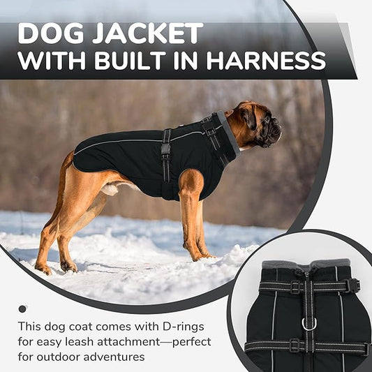 PUMYPOREITY Dog Jackets for Large Dogs, Warm Dog Winter Coat with Harness Built in, Fleece Jacket with Back Zipper, Cold Weather Coats for Outdoor, Waterproof & Windproof Pet Snowsuit, Black, XL