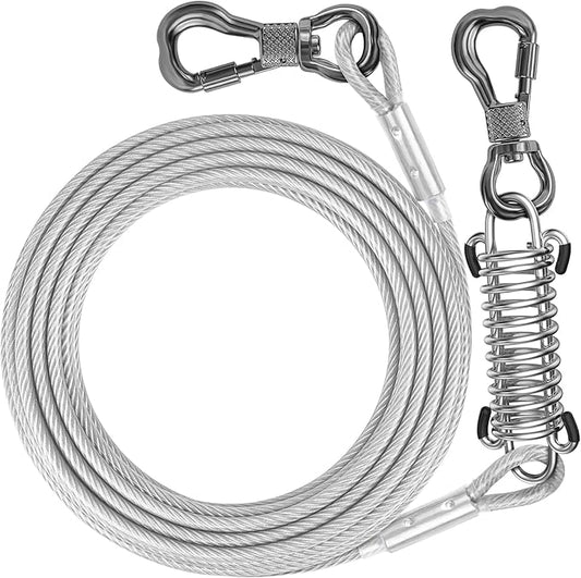 Tresbro 30 FT Dog Tie Out Cable with Spring, Shock Absorbing Tether Chains for Outside Aavilable in 10/15/20/25/30/40/50/70/100/120 FT, Heavy Duty Leads for Yard for Medium & Large Dogs Up to 500 LBS