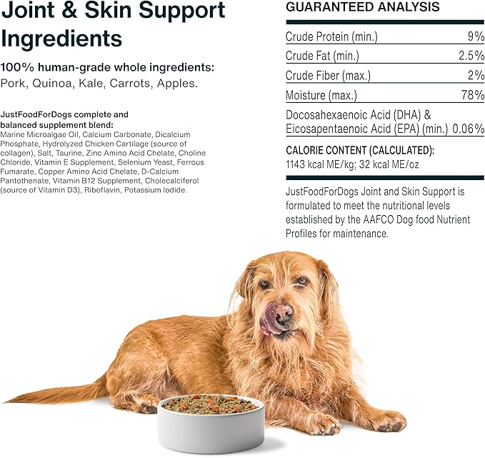 JustFoodForDogs Frozen Fresh Dog Food for Sensitive Skin & Allergies, Joint Health, Complete Meal or Topper, Joint & Skin Support Human Grade Dog Food Recipe, 72 oz (Pack of 7)