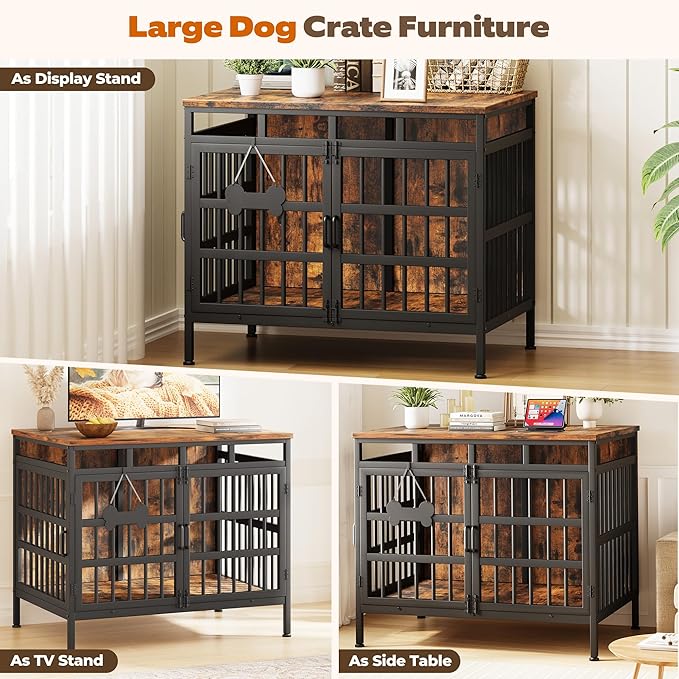 39 Inch Dog Crate Furniture, Heavy Duty Dog Kennel for Small Medium Large Dogs, Double Doors Indoor Decor Pet House Cage, Anti Escape Wooden Dog Cage with Name Tag End Table, TV Stand, Brown