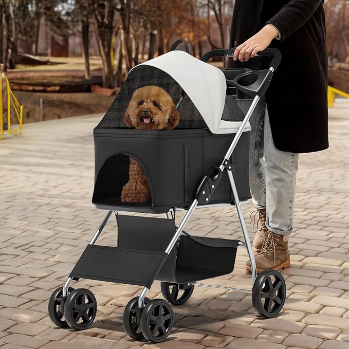 MoNiBloom 3 in 1 Foldable Pet Stroller for Small & Medium Dogs, Detachable Carrier, Car Seat, Push Button Entry, 4-Wheel Jogger for Pets up to 33 lbs, Black