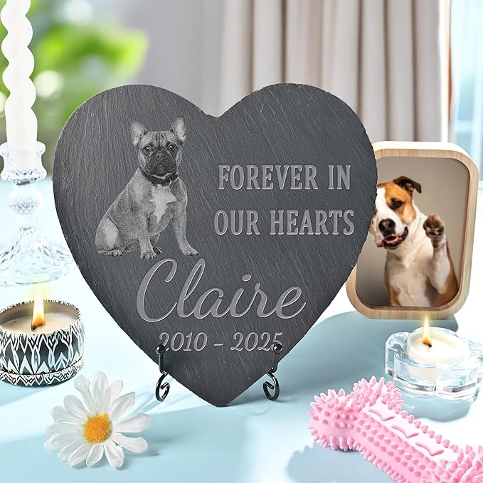 Pet Memorial Stone with Photo, Dog Memorial Gifts for Loss of Dog, Personalized Pet Memorial Gifts, Pet Loss Gift - in Our Hearts（Heart）