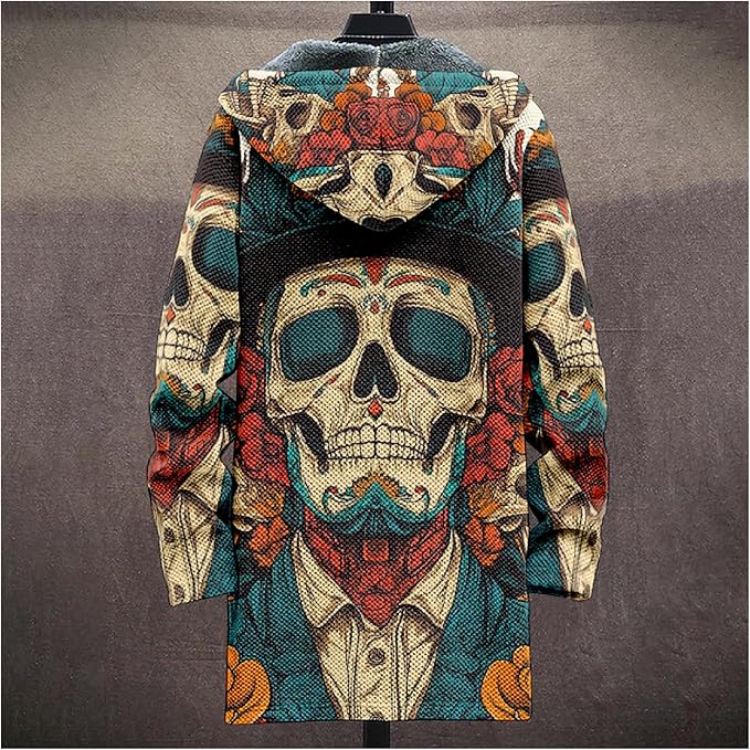 MARSVOVO Cool Hippie Long Cardigan Hoodies for Men Zipper Fleece Lined Knit Coat Skull Animal Print Graphic Jackets