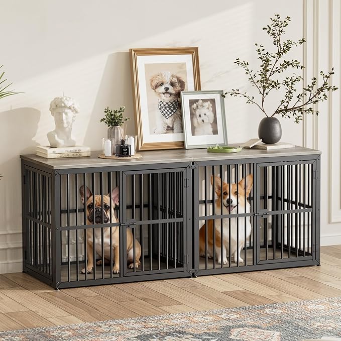 Lyromix 66'' Dog Crate Furniture with Double Rooms,Wooden Crate TV Stand with Removable Divider, Heavy Duty Indoor Puppy Cage Kennel for Small to Medium Dogs, Can Use Separately, Grey