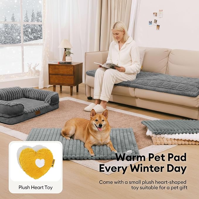 FUNNY FUZZY Self Warming Cat Bed, Waterproof Corduroy Fleece Warm Self Heating Pad for Cats & Dogs, Non-Skid Thermal Pet Mat Indoor with Removable Washable Cover - ThermoPad, 31.5"×25", Cream White