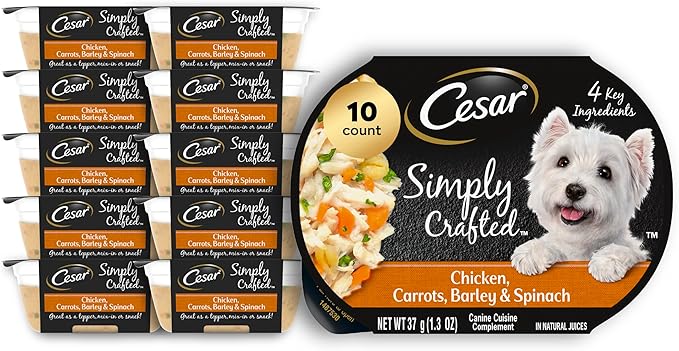 Cesar Simply Crafted Adult Wet Dog Food Meal Topper, Chicken, Carrots, Barley & Spinach, 1.3 oz. Tubs, 10 Count (Pack of 1)