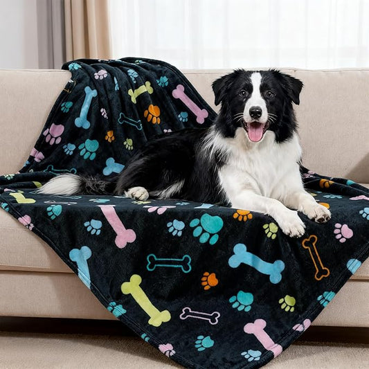 Rezutan Blanket for Large Dogs, Cat Flannel Washable Soft Pet Mat Throw Cover for Kennels-Beds, Sofas, Furniture Protection, Cute Paw Pattern, Black, 50x40 Inch