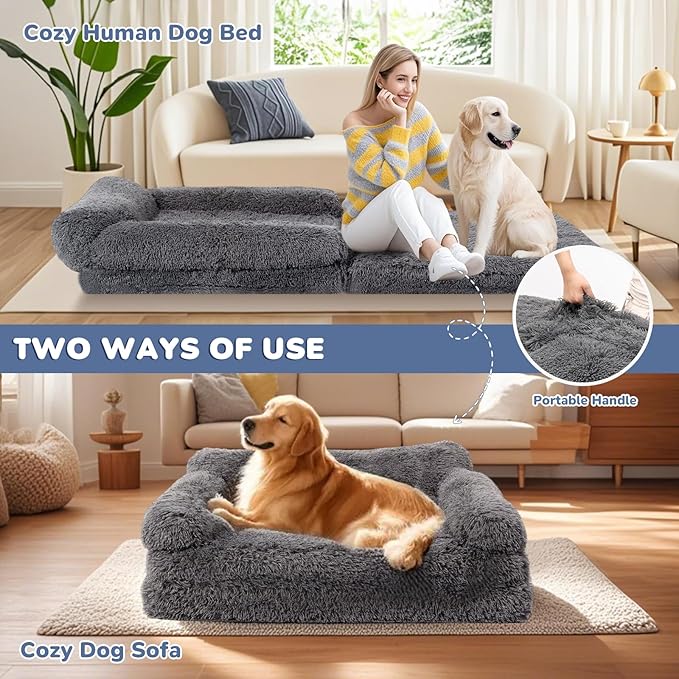 Foldable Human Dog Bed for Adults, Fluffy Human Sized with Blanket, Orthopedic Washable Dog Bed with Memory Foam and Water Repellent Liner Large for Pet (Grey, 72 * 44 * 12 inch)