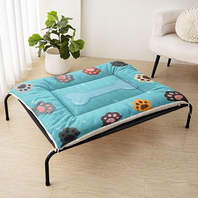Dog Crate Bed Washable Crate Pad Blue Cute Paw Printed Soft Fluffy Pet Sleeping Mat for Large Medium Small Animals(Paw-9 S)