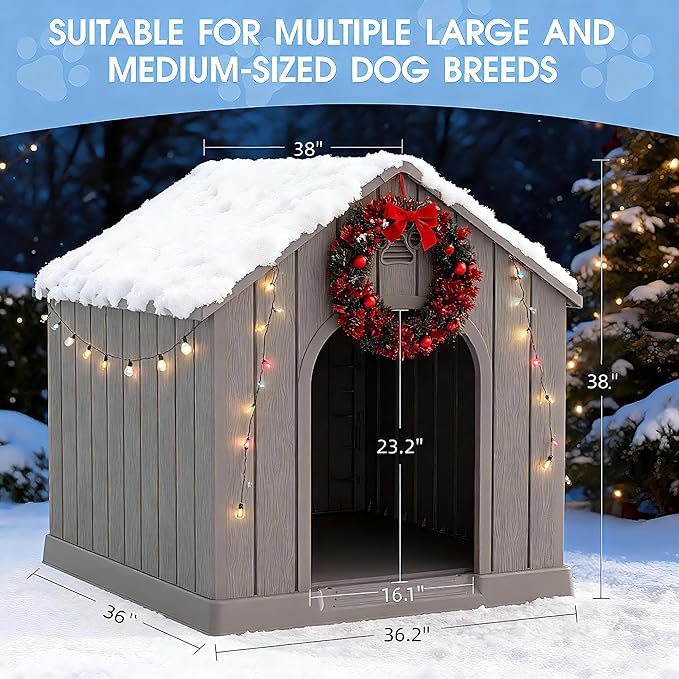 Large Dog House Outdoor Indoor for Medium Large Dogs, Sturdy Plastic Waterproof Doghouse with Air Vents and Elevated Floor, Easy Clean and Assemble (Light Grey, 36.2''L×38''W×38''H)
